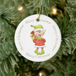 Christmas Elf with Present Ceramic Ornament