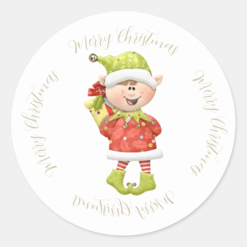 Christmas Elf with Present Classic Round Sticker