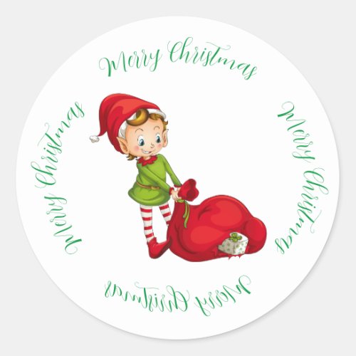 Christmas Elf with Santas Gift Sack Classic Round Sticker