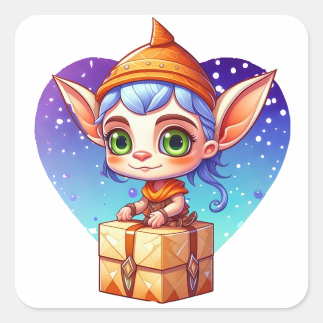 Christmas Elf with Snowy Background Square Sticker (Front)