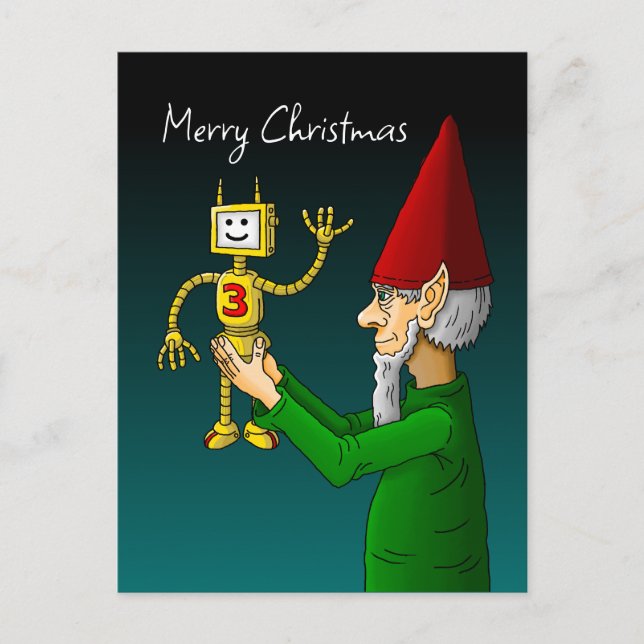 Christmas elf with the waving robot postcard (Front)