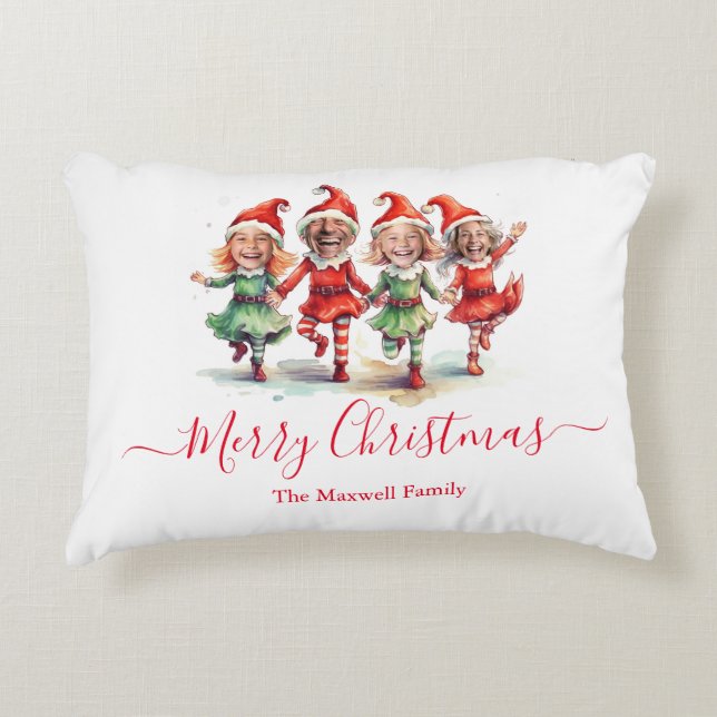 Christmas elves 4 photos family name accent pillow (Front)