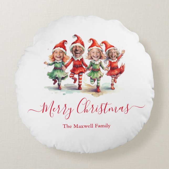 Christmas elves 4 photos family name round pillow (Front)