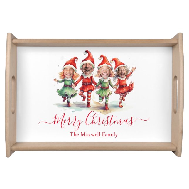 Christmas elves 4 photos family name serving tray (Front)