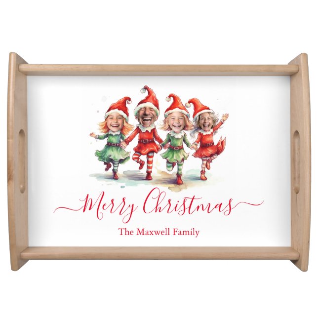 Christmas elves 4 photos family name serving tray (Front)