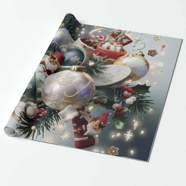 Christmas Elves and Ornaments Wrapping Paper (Unrolled)