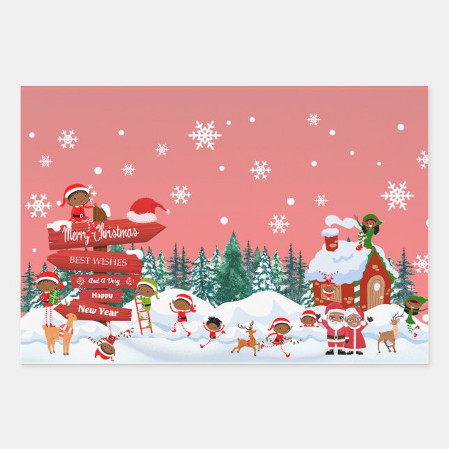 Christmas Elves at Play the North Pole Wrapping Paper Sheets (Front)