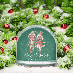 Christmas Elves couple 2 Photo Collage green Snow Globe