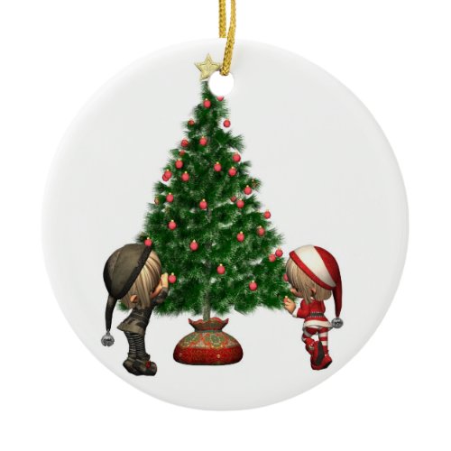 Christmas Elves - decorate the tree Ceramic Ornament