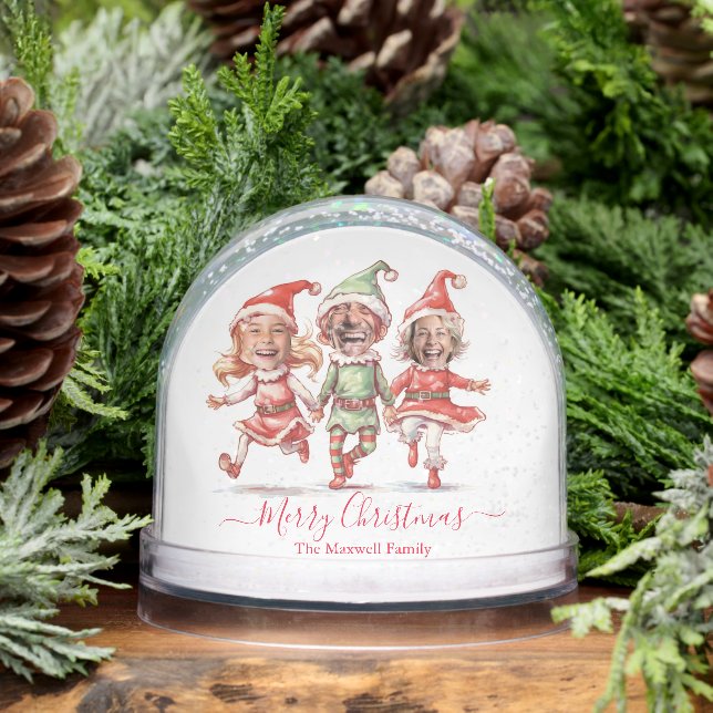 Christmas Elves Family 3 Photo Collage Snow Globe (Winter)