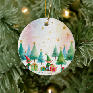 Christmas Elves & Gifts Holiday Ceramic Ornament