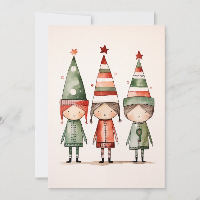 Christmas Elves in Festive Hats Invitation (Front)
