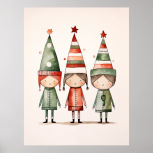 Christmas Elves in Festive Hats Poster