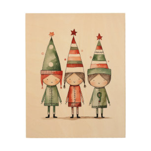 Christmas Elves in Festive Hats Wood Wall Art