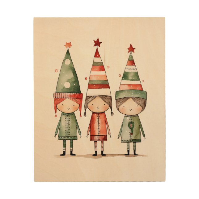 Christmas Elves in Festive Hats Wood Wall Art (Front)