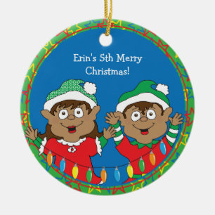Christmas Elves of Color Ceramic Ornament