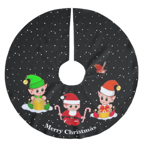 Christmas Elves on Black  Brushed Polyester Tree Skirt