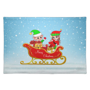 Christmas Elves on Sleigh with Presents Cloth Placemat