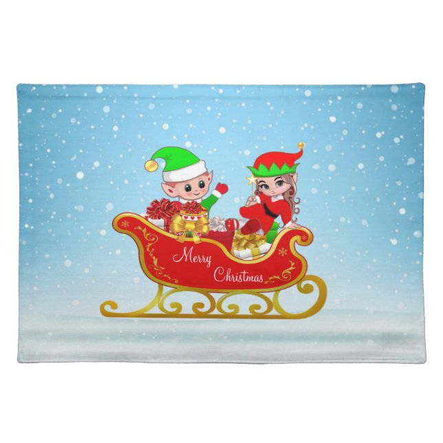 Christmas Elves on Sleigh with Presents Cloth Placemat (Front)