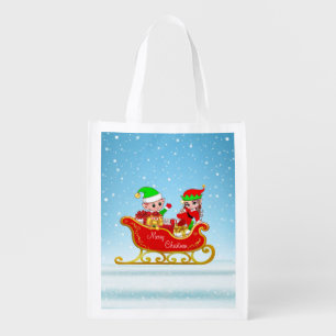 Christmas Elves on Sleigh with Presents Grocery Bag