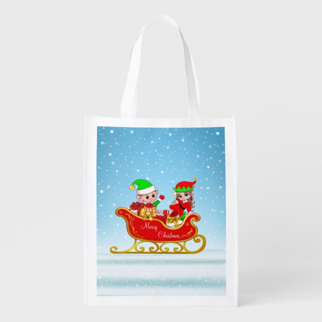 Christmas Elves on Sleigh with Presents Grocery Bag (Front)