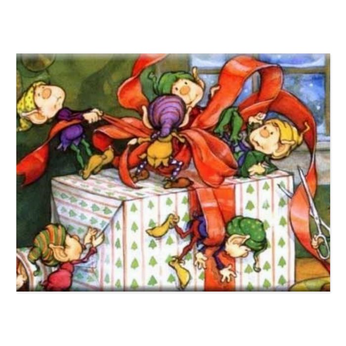 Christmas Elves Playfully Wrapping Gift Postcard