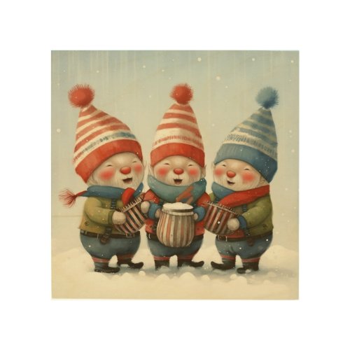 Christmas Elves Playing Musical Drums Wood Wall Art