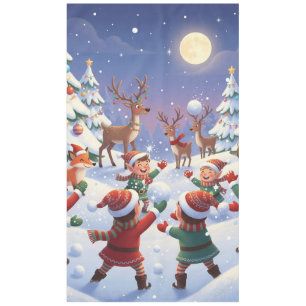 Christmas Elves & Reindeer Whimsical Winter Tablecloth