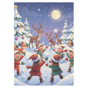 Christmas Elves & Reindeer Whimsical Wonderland Tablecloth
