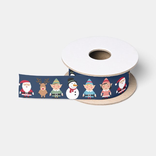 Christmas Elves, Santa and Snowmen Navy Blue Satin Ribbon (Spool)