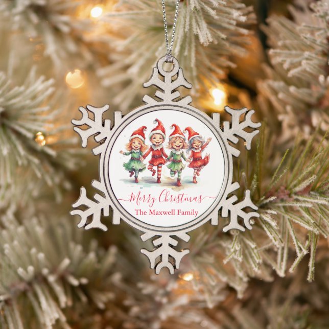 Christmas elves  snowflake pewter christmas ornament (Tree)