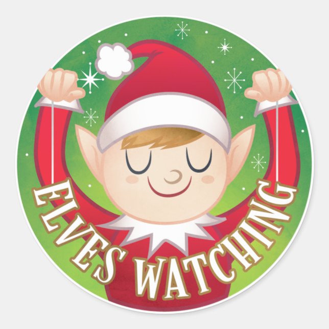  Christmas Elves Watching Red n Green Envelope Classic Round Sticker (Front)