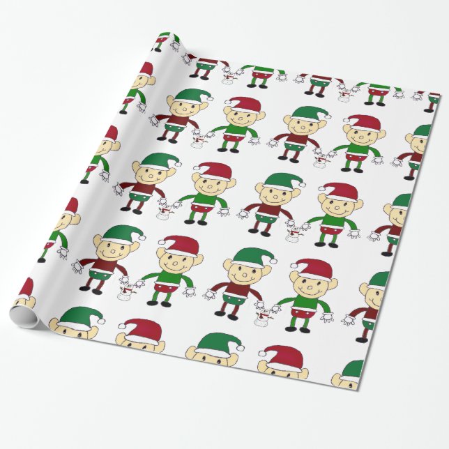 Christmas Elves white wrapping paper (Unrolled)