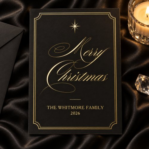 Christmas Emerald Black &amp; Gold Elegant Calligraphy Foil Holiday Card