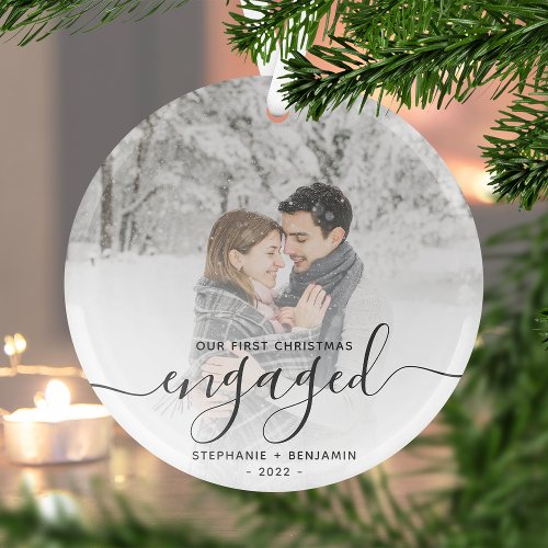 Christmas Engaged Custom Photo Gray Script Glass Ornament