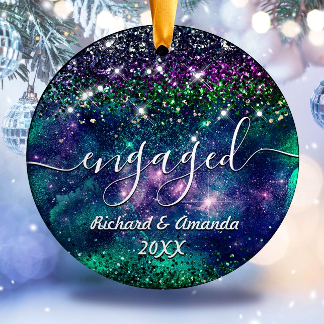 Christmas engaged married purple green glitter ceramic ornament (Creator Uploaded)