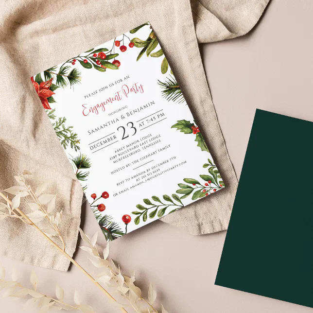 Christmas Engagement Party Greenery Script Invitation | Zazzle
