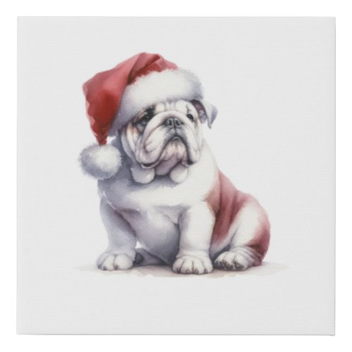 Christmas English Bull Dog Santa Hat  Faux Canvas Print