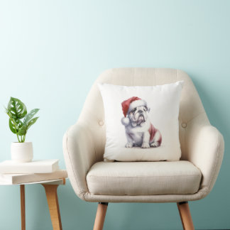 Christmas English Bull Dog Santa Hat  Throw Pillow