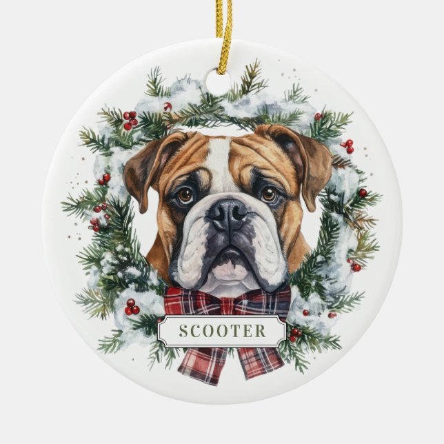 Christmas English Bulldog Ceramic Circle Ornament (Front)