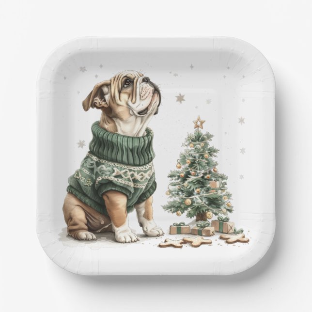 Christmas English Bulldog Christmas Tree Paper Plates (Front)