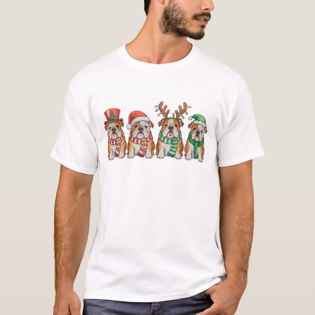 Christmas English Bulldog Dog Santa Hat Reindeer T-Shirt (Front)