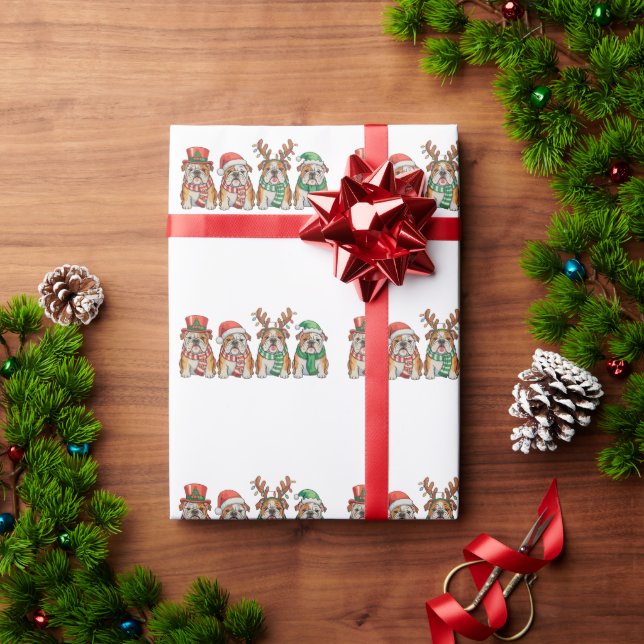 Christmas English Bulldog Dog Santa Hat Reindeer Wrapping Paper (Holiday Gift)
