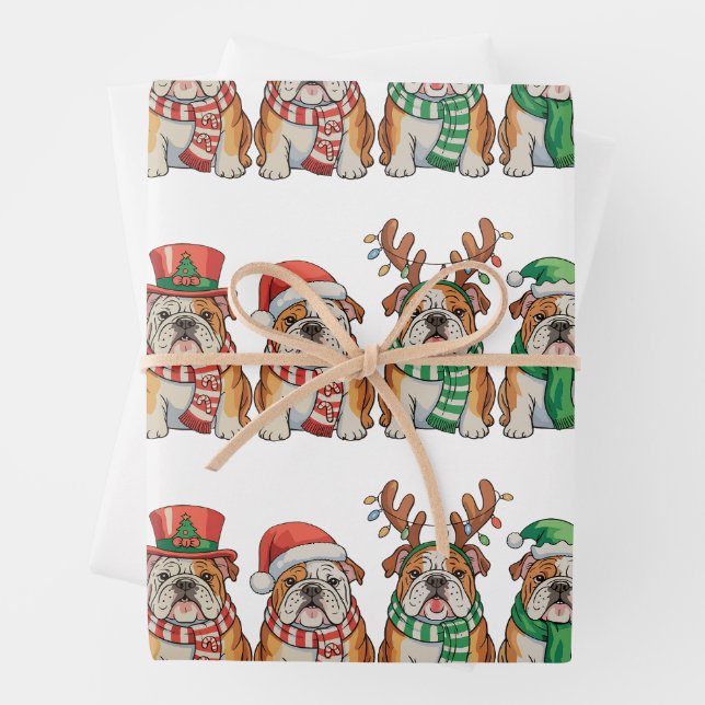 Christmas English Bulldog Dog Santa Hat Reindeer Wrapping Paper Sheets (In situ)