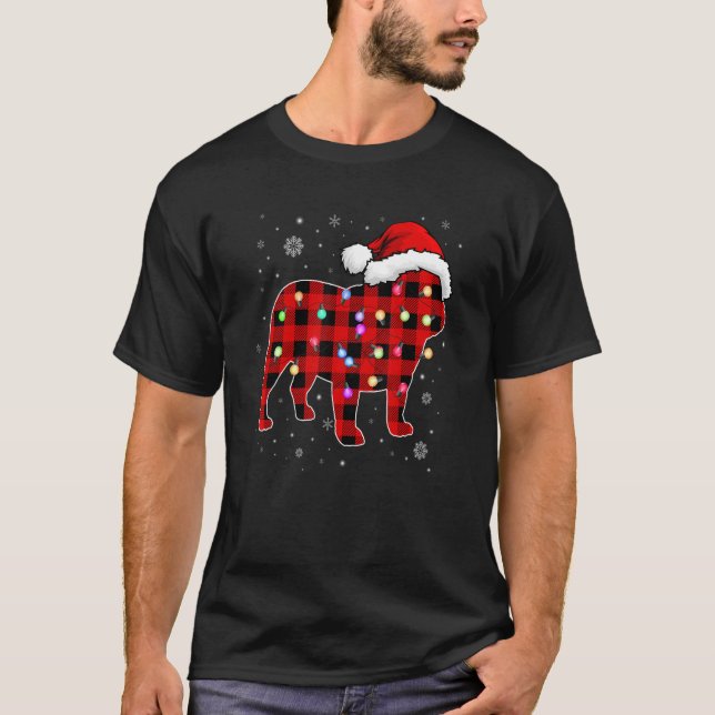 Christmas English Bulldog Red Plaid Santa Claus Do T-Shirt (Front)