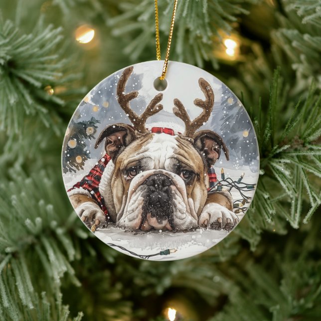 Christmas English Bulldog Reindeer Ceramic Ornament (Tree)