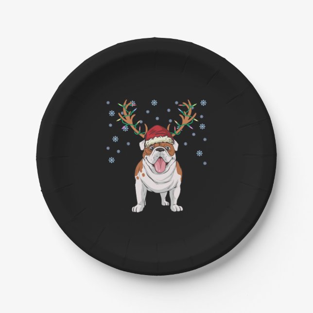 Christmas english bulldog reindeer dog paper plates (Front)