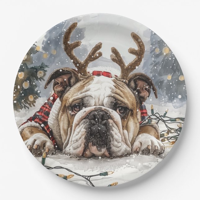 Christmas English Bulldog Reindeer Paper Plates (Front)