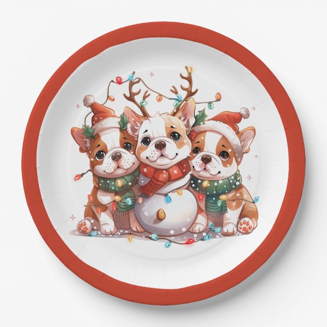 Christmas English Bulldog Reindeer Santa Paper Plates (Front)
