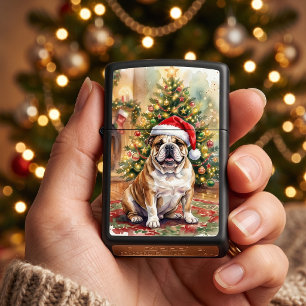 Christmas English Bulldog Santa Hat Watercolor Zippo Lighter